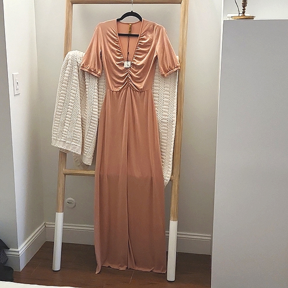 Rachel Pally Nude V neck Ruched Maxi Dress Size Small